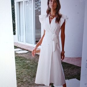 Amalie White Wrap V Neck Ruffle Sleeve Midi Dress Belted Fit & Flare Elegant 6